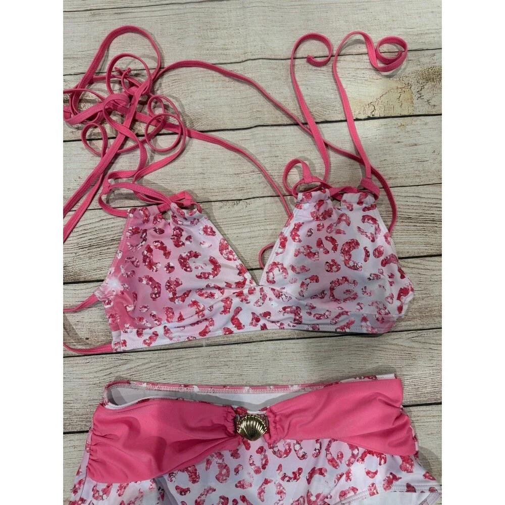 Leopard Print Pink Two-Piece Bikini Sea Shell Accent Size Small